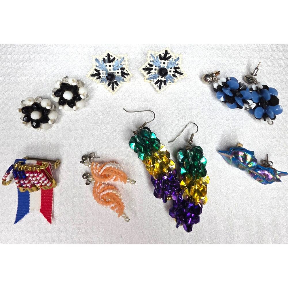 Ecclectic Earrings Lot of 6 & Pin Handmade Beaded Boho Whimsical Festival Mix